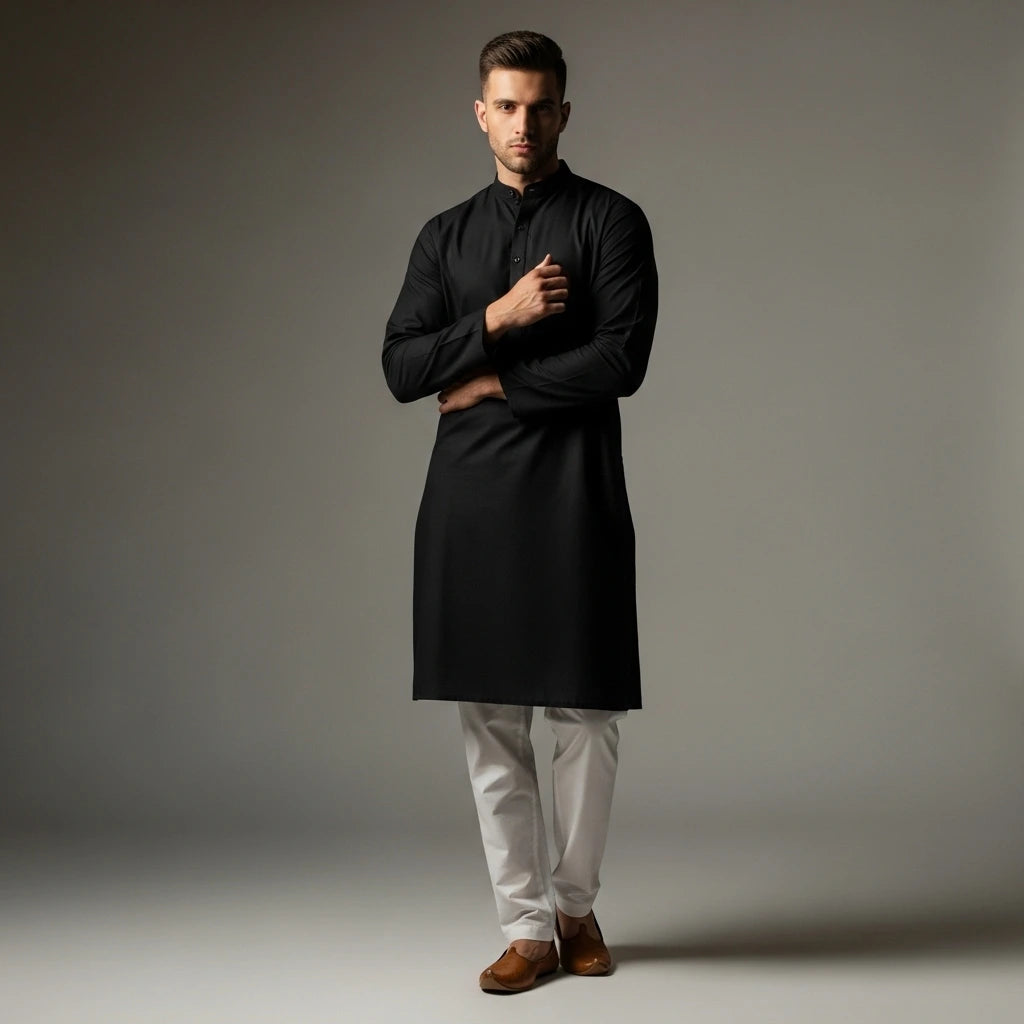 Men’s Black Kurta Pajama Set – Elegant Ethnic Wear for Weddings, Festive, and Traditional Occasions