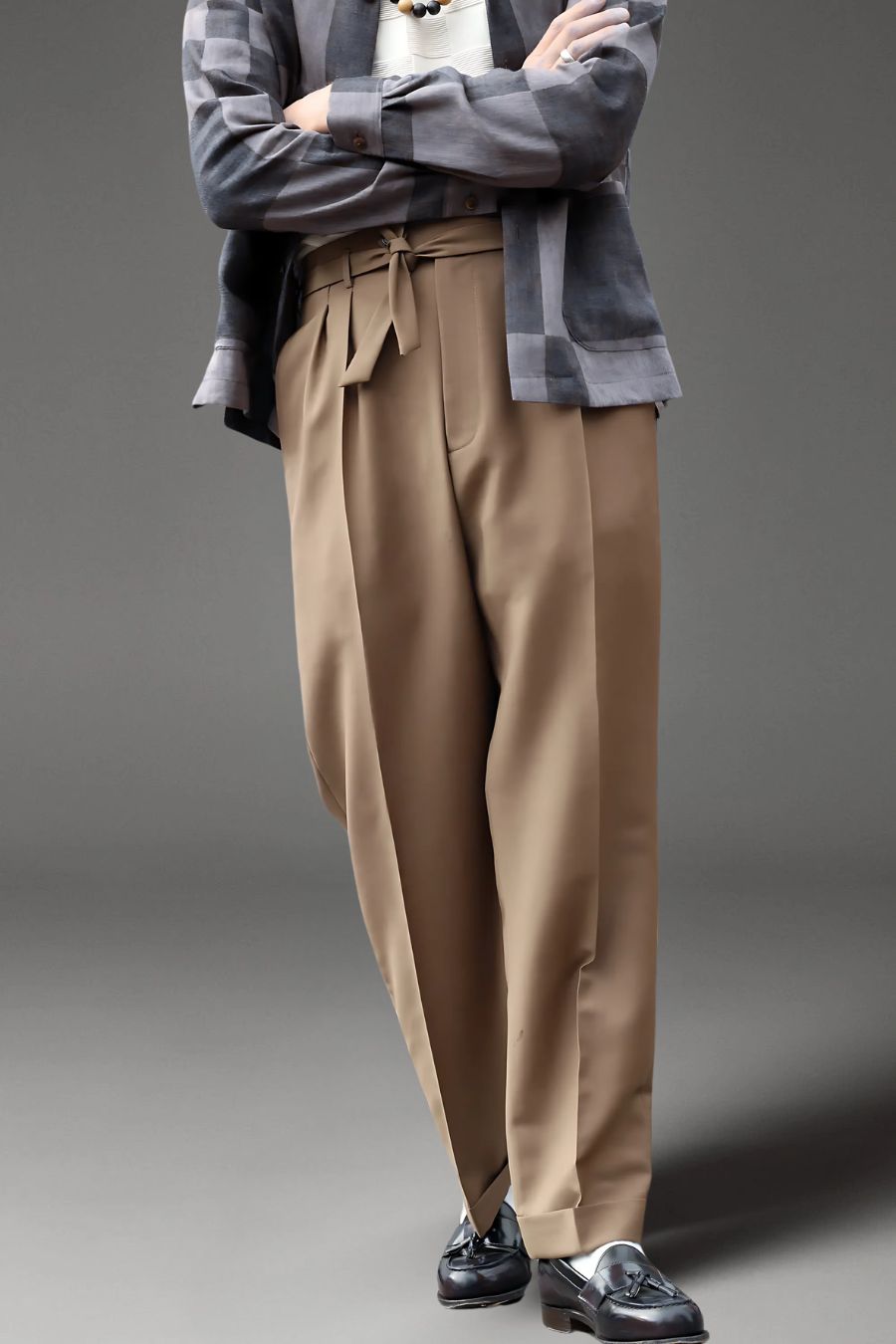 Light Brown Loose Fit Belted Pants - Adam Spirit