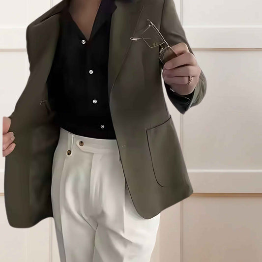 Men’s White Hollywood-Waist | Pleated Trousers – Elegant Fit with Extended Tab Closure - Adam Spirit