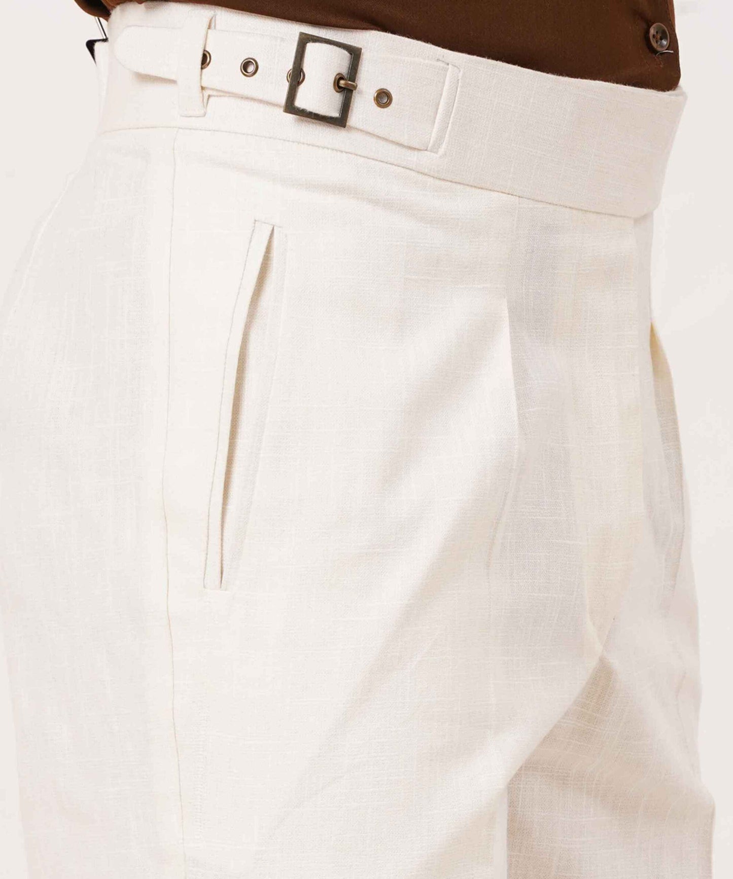 Ivory White Gurkha Linen Pants Classic Double Side Adjusters