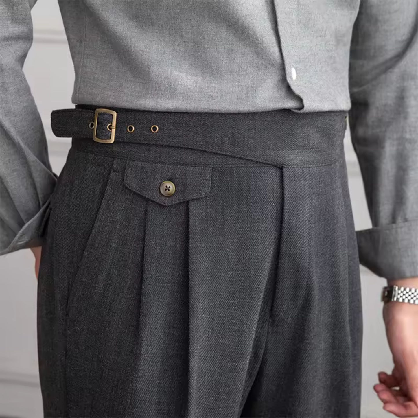 Gray Gurkha Pants – Double Pleated, Side Adjusters & High-Waist Fit - Adam Spirit