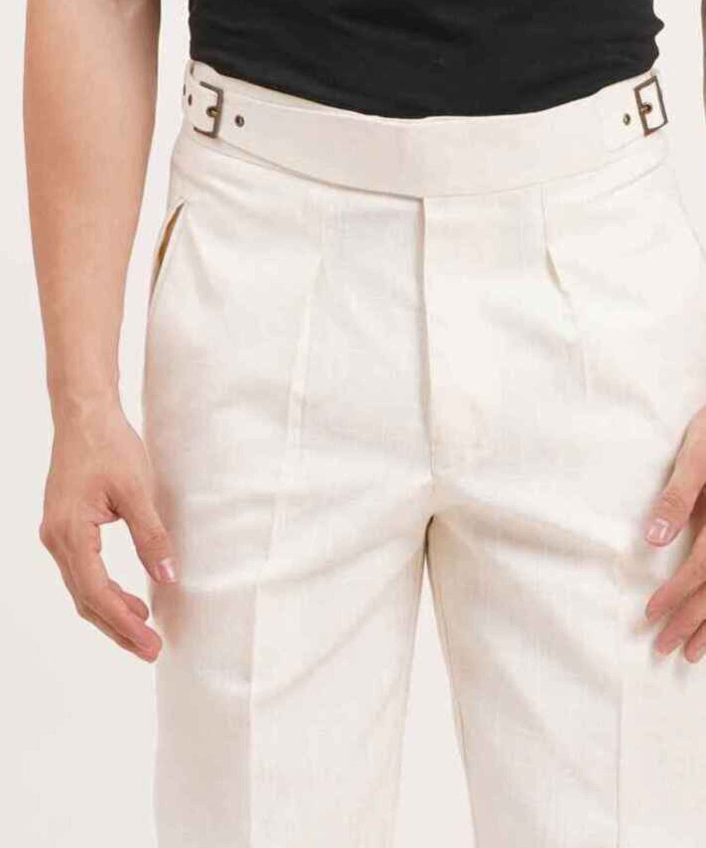 Ivory White Gurkha Linen Pants Classic Double Side Adjusters