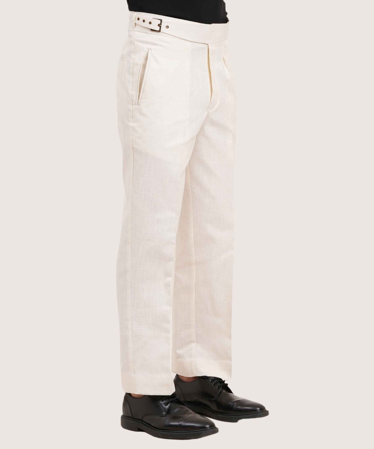 Ivory White Gurkha Linen Pants Classic Double Side Adjusters