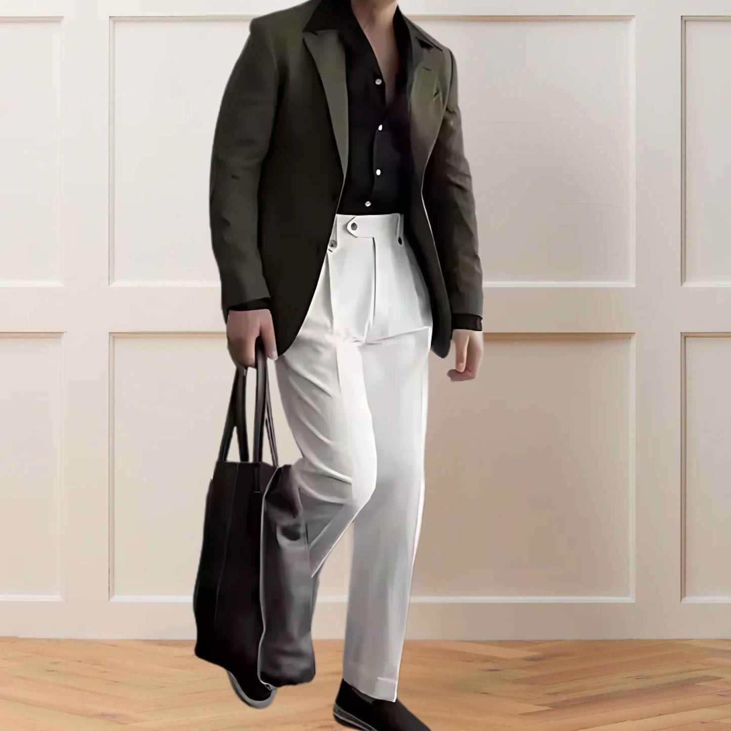 Men’s White Hollywood-Waist | Pleated Trousers – Elegant Fit with Extended Tab Closure - Adam Spirit