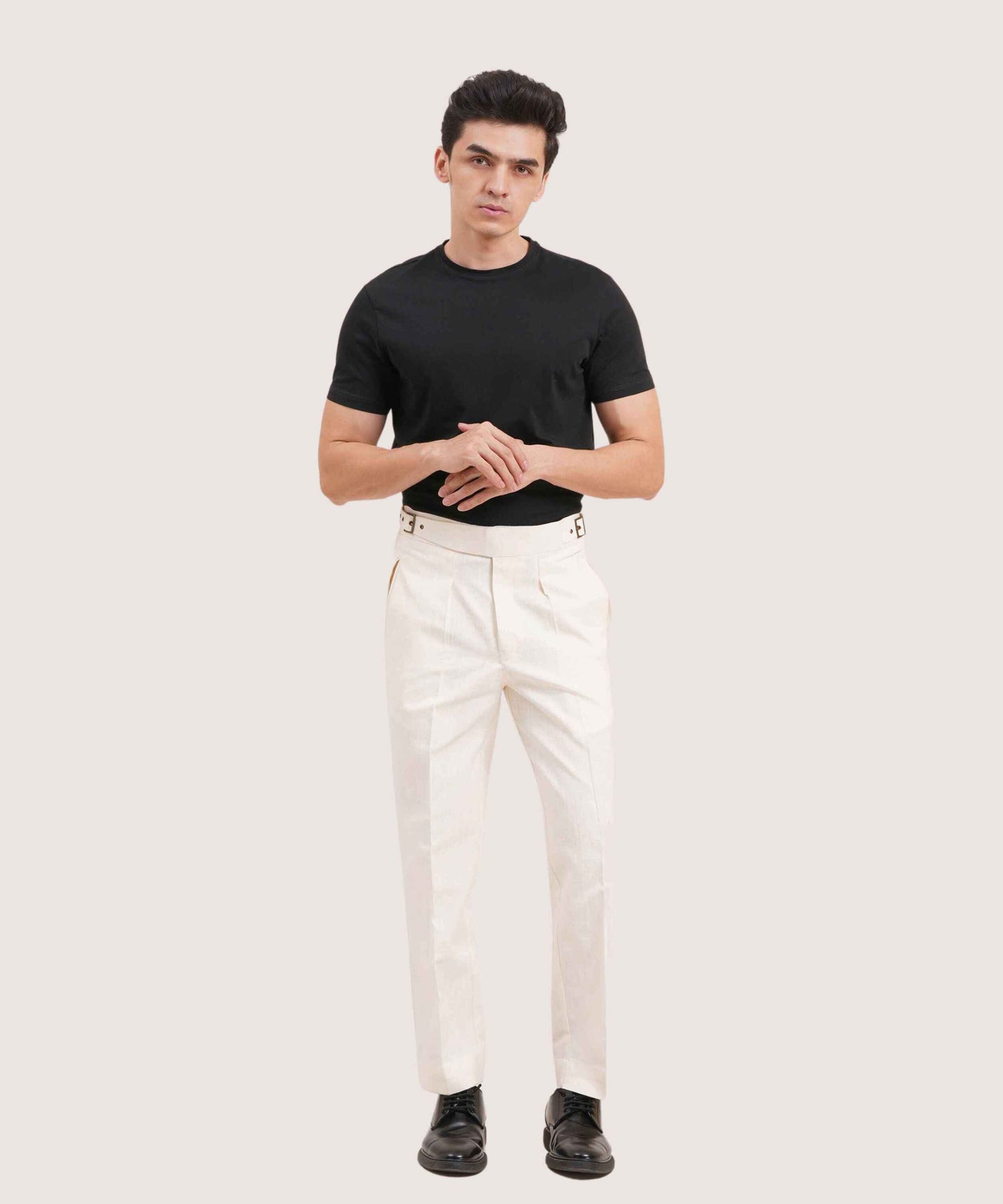 Ivory White Gurkha Linen Pants Classic Double Side Adjusters