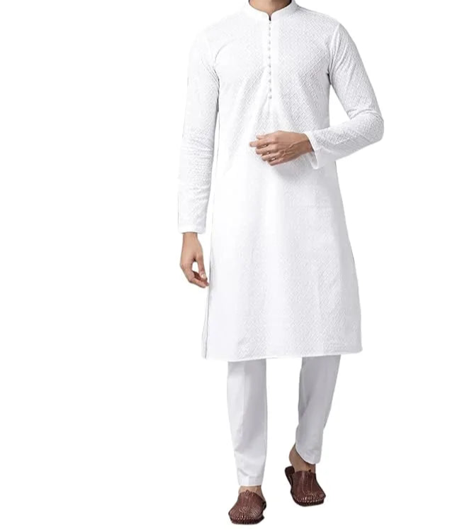 Men’s White Chikankari Kurta Pajama Set – Handmade Ethnic Wear for Wedding, Festive & Traditional Occasions