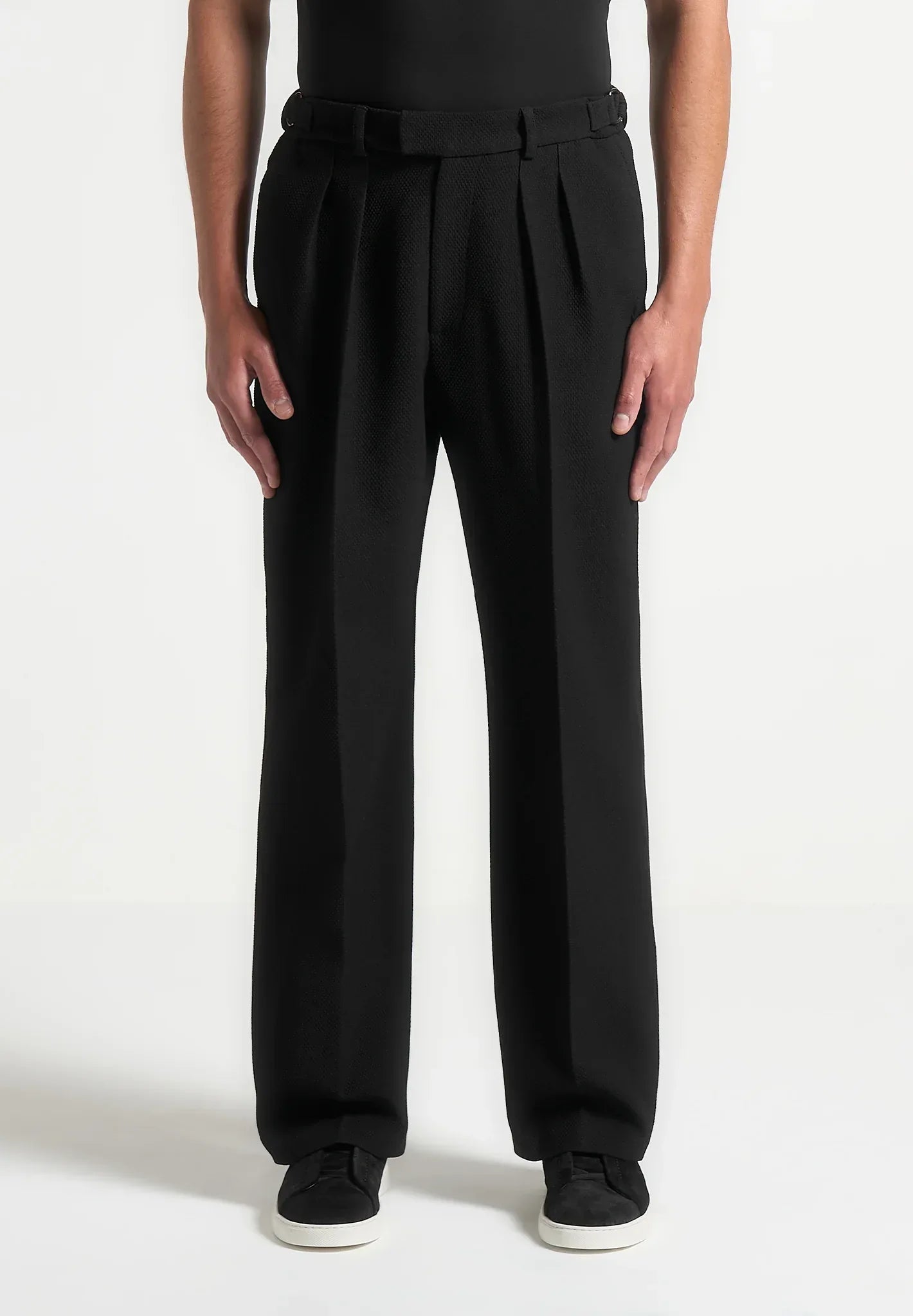 Men's Black Textured Twin Pleat Tailored Trousers | Relaxed Fit