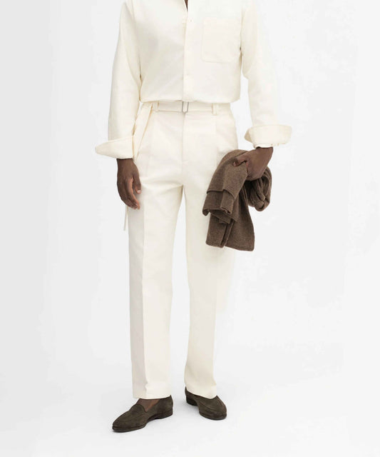 Ivory Cotton Wide-Fit Trousers Belted & Relaxed Tailoring - Adam Spirit