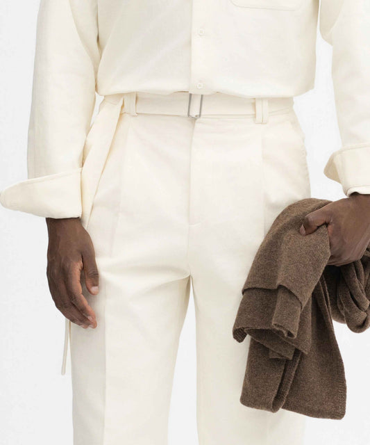 Ivory Cotton Wide-Fit Trousers Belted & Relaxed Tailoring - Adam Spirit