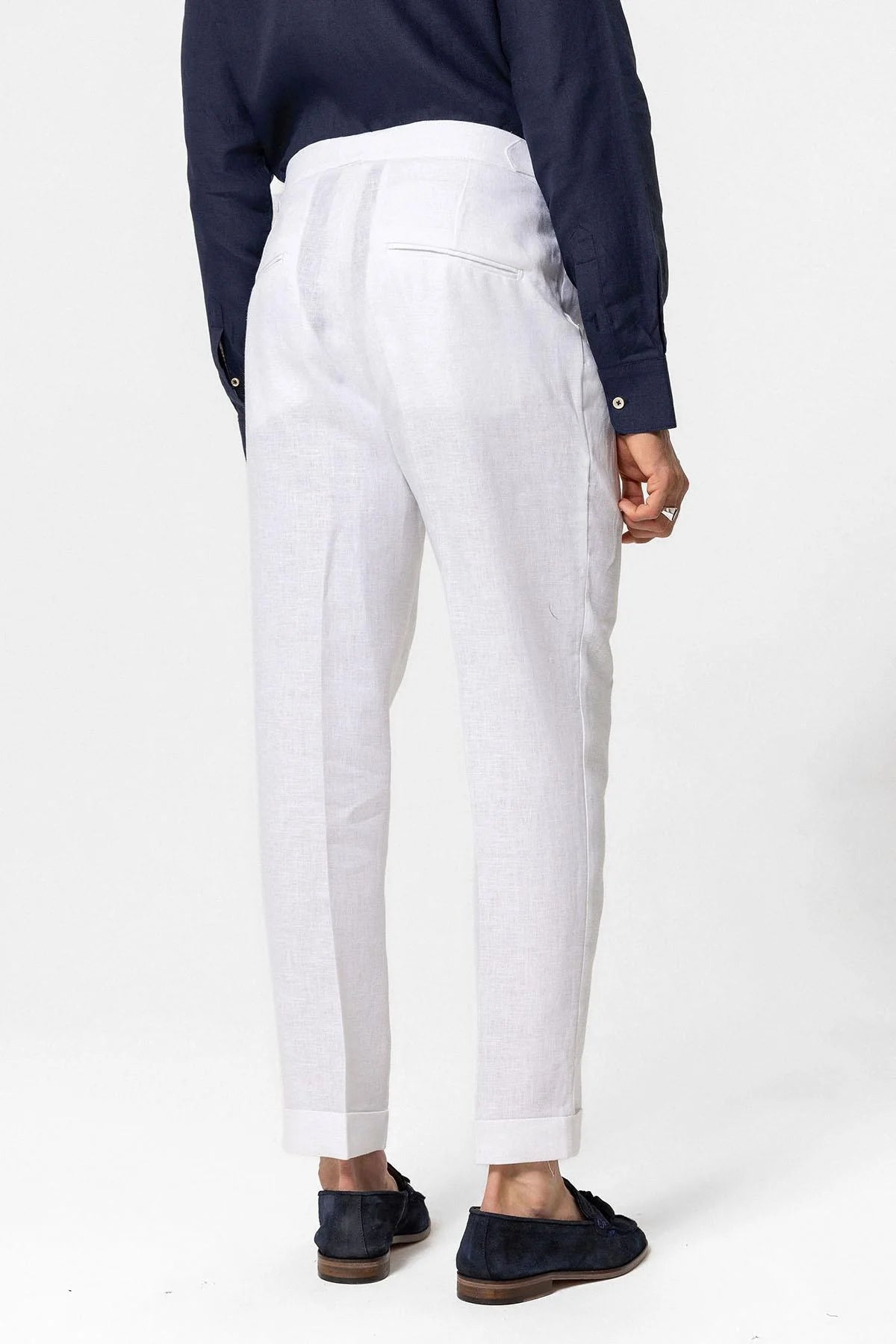 White Linen Gurkha Pants Single Button & Side Adjusters | by Adam Spirit - Adam Spirit