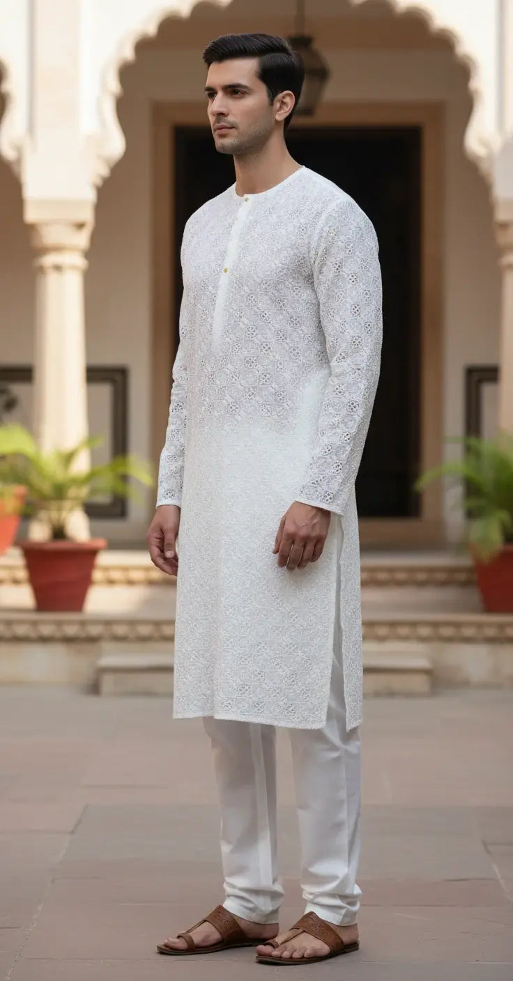 Men’s White Chikankari Kurta Pajama Set – Handmade Ethnic Wear for Wedding, Festive & Traditional Occasions
