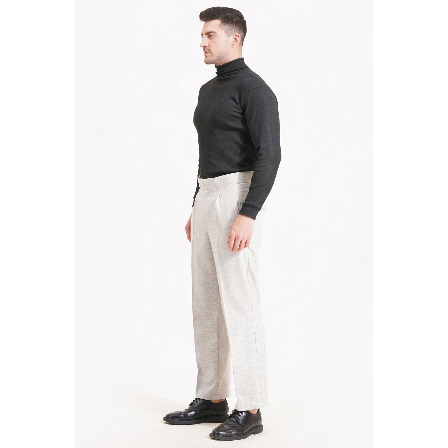 Ivory Sand Gurkha Trousers High-Rise Linen Blend Pants with Back Buckle & Flap Pockets - Adam Spirit
