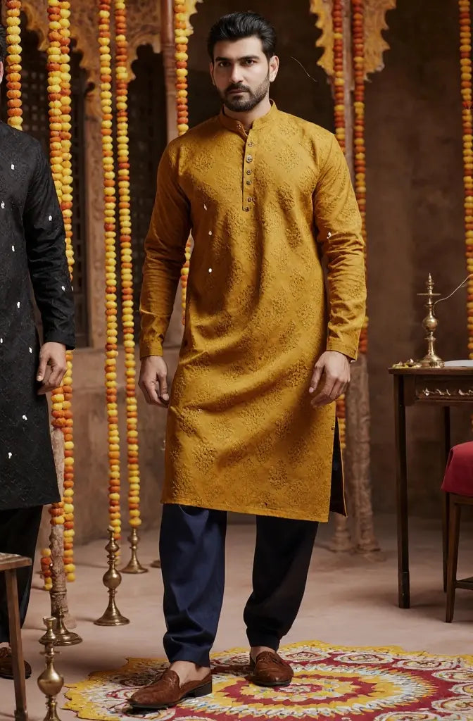 Men’s Mustard Yellow Embroidered Kurta Pajama – Festive Ethnic Wear for Weddings, Diwali & Traditional Occasions