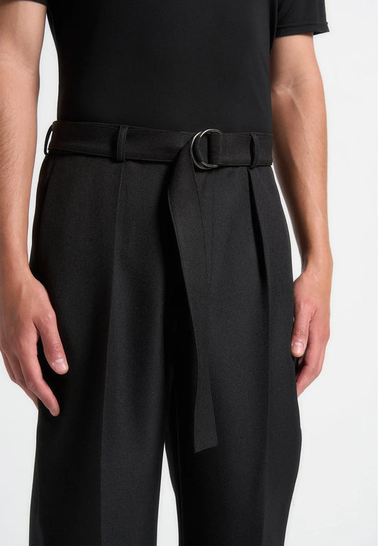 Black Textured Belted Tailored Trousers Relaxed Fit - Adam Spirit