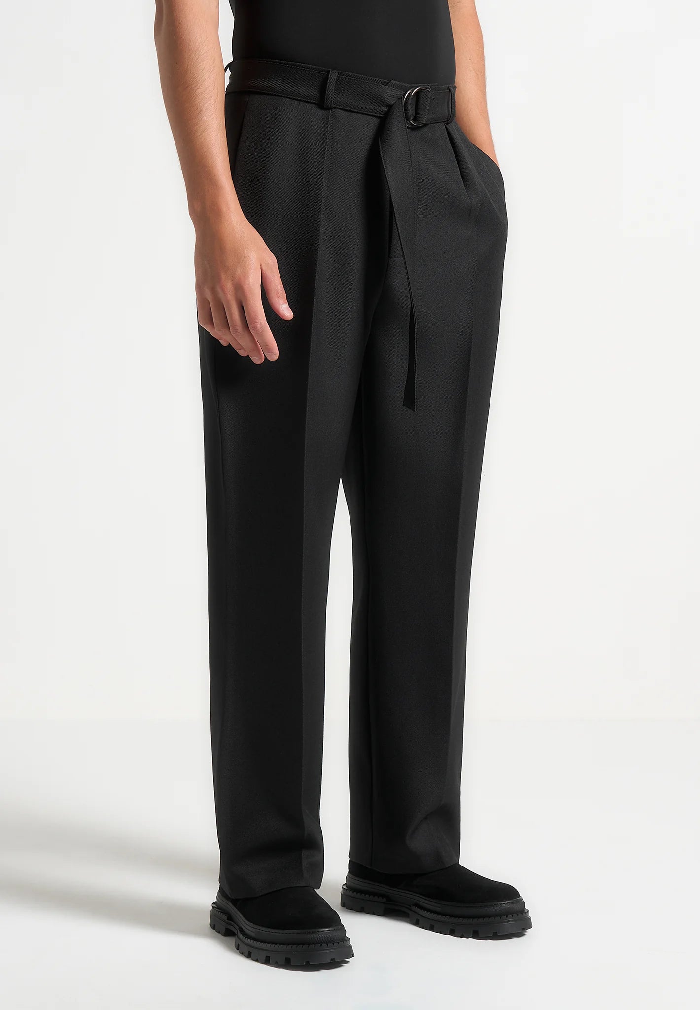 Black Textured Belted Tailored Trousers - Relaxed Fit - Adam Spirit