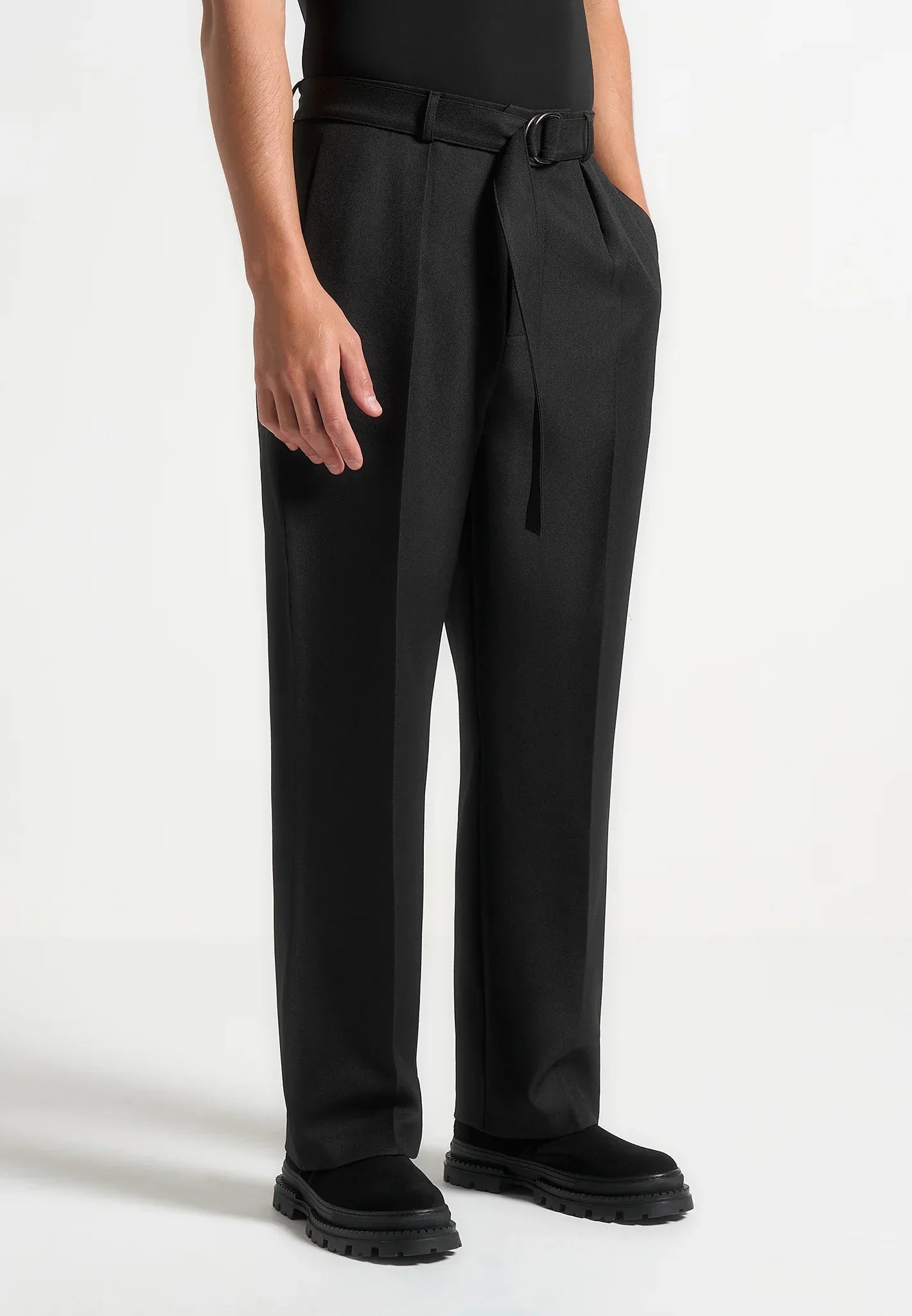 Black Textured Belted Tailored Trousers Relaxed Fit - Adam Spirit