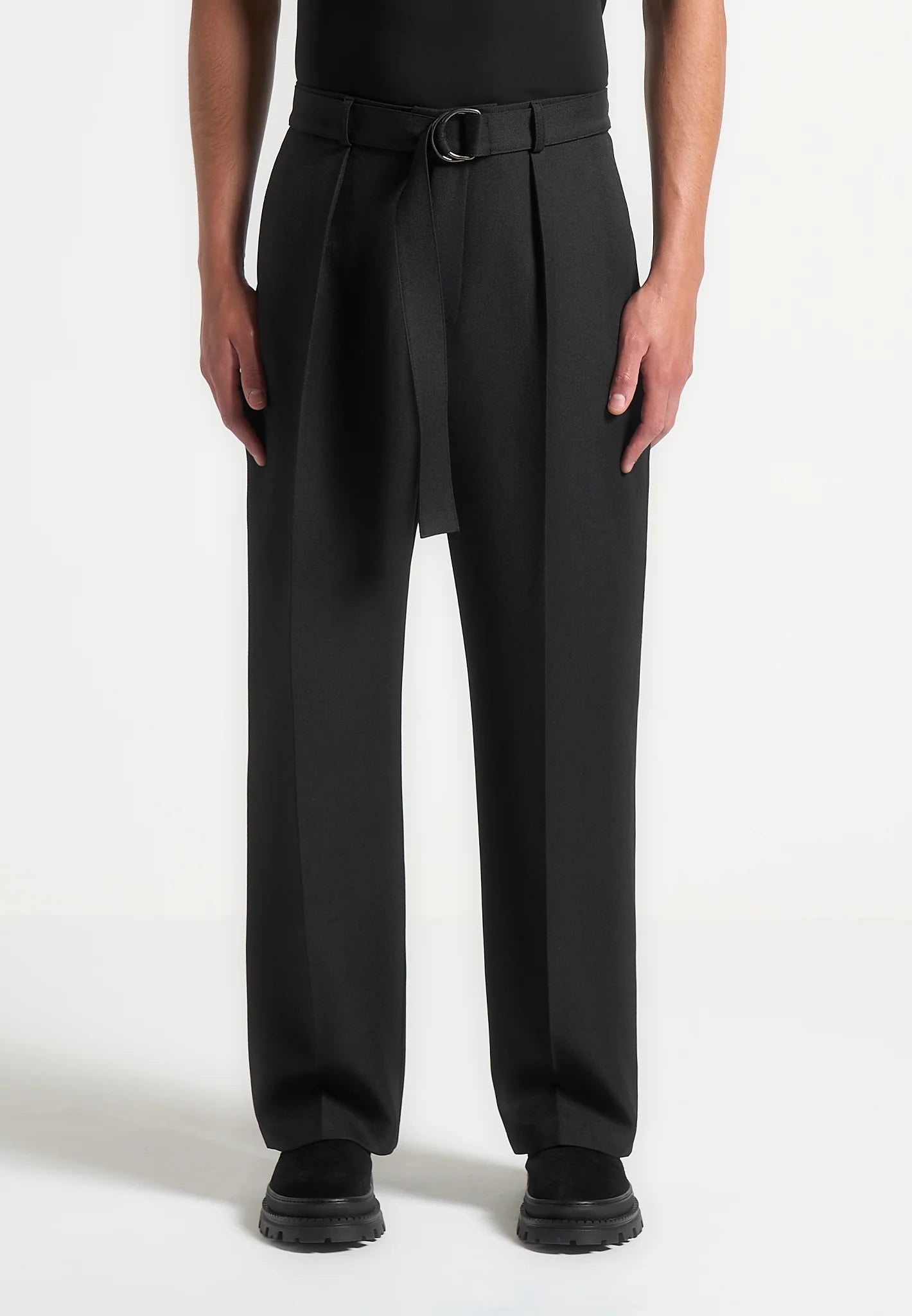 Black Textured Belted Tailored Trousers - Relaxed Fit - Adam Spirit