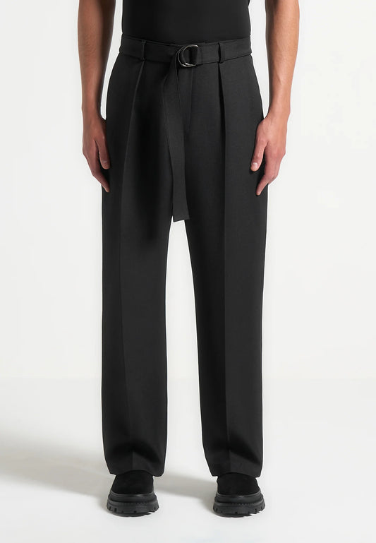 Black Textured Belted Tailored Trousers Relaxed Fit - Adam Spirit