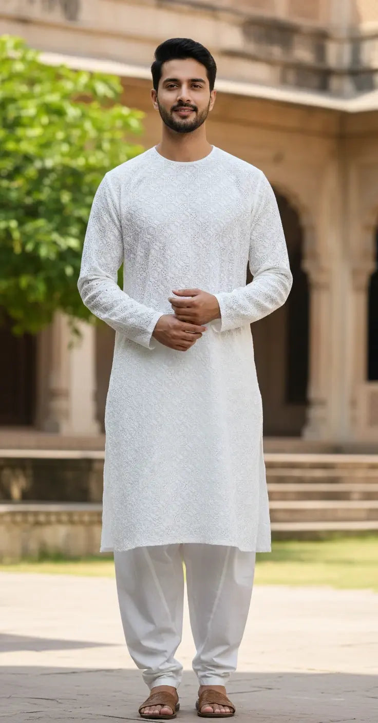 Men’s White Chikankari Kurta Pajama Set – Handmade Ethnic Wear for Wedding, Festive & Traditional Occasions