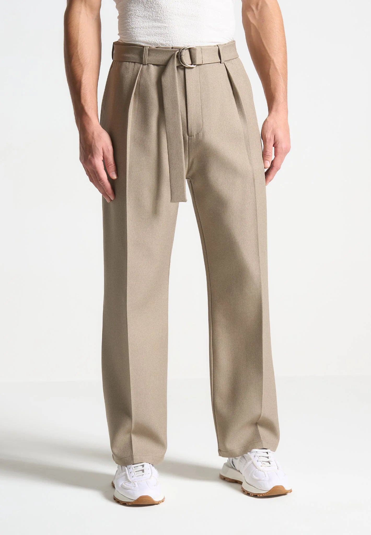 Beige Textured Belted Tailored Trousers - Relaxed Fit - Adam Spirit