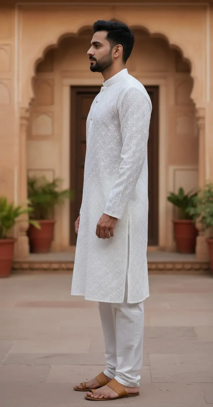 Men’s White Chikankari Kurta Pajama Set – Handmade Ethnic Wear for Wedding, Festive & Traditional Occasions