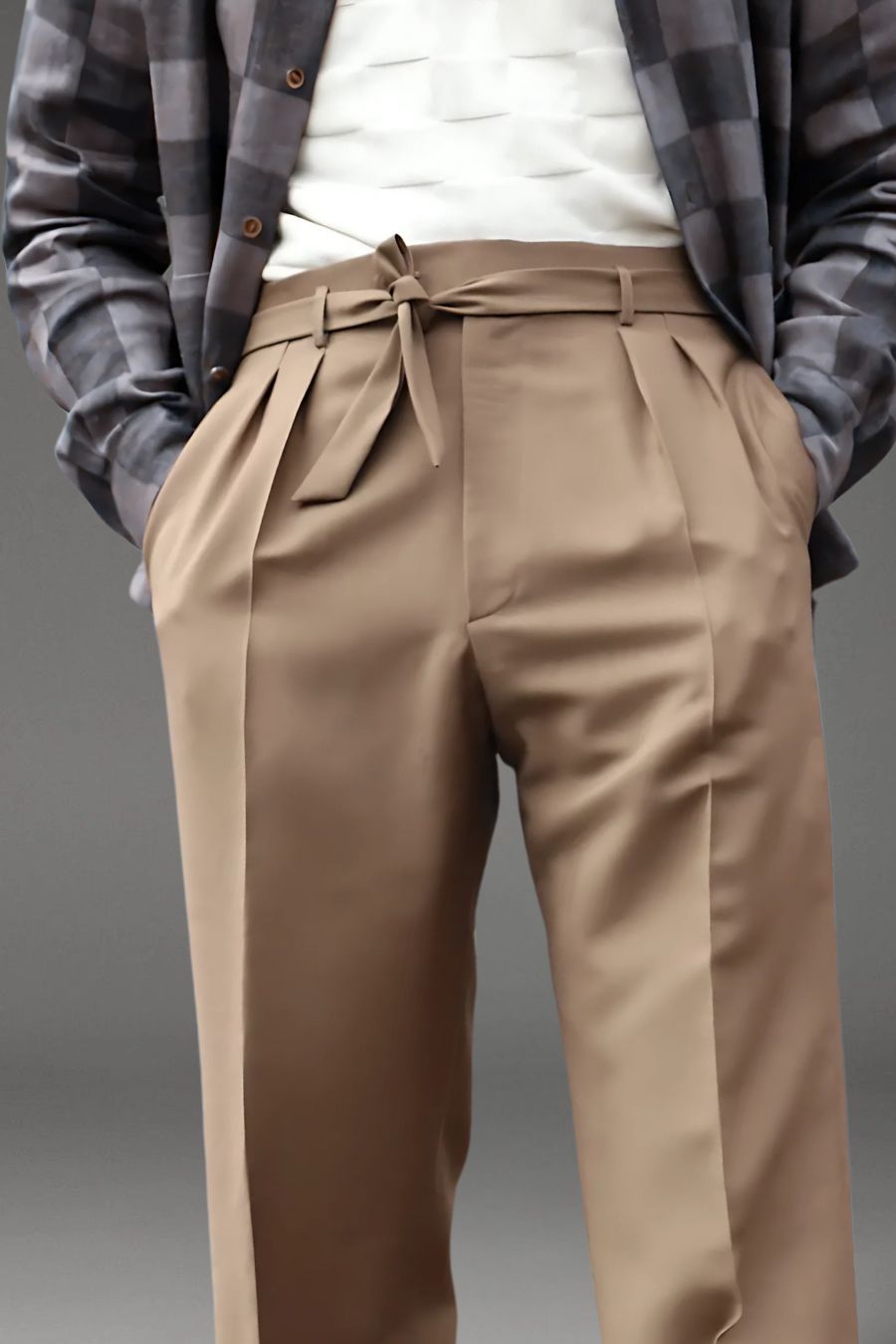 Light Brown Loose Fit Belted Pants - Adam Spirit