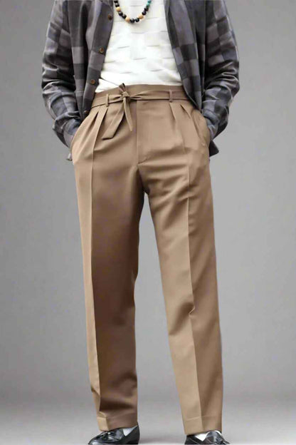 Light Brown Loose Fit Belted Pants - Adam Spirit