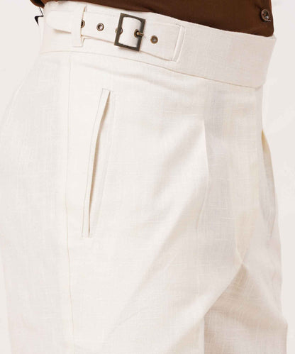 Ivory White Gurkha Linen Pants Classic Double Side Adjusters