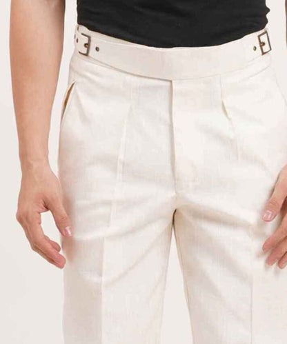Ivory White Gurkha Linen Pants Classic Double Side Adjusters