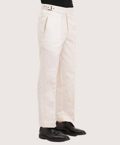 Ivory White Gurkha Linen Pants Classic Double Side Adjusters