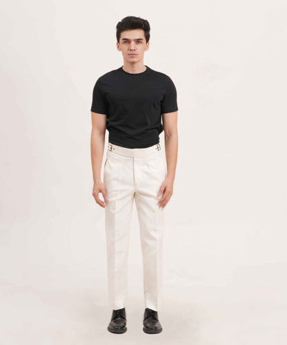 Ivory White Gurkha Linen Pants Classic Double Side Adjusters