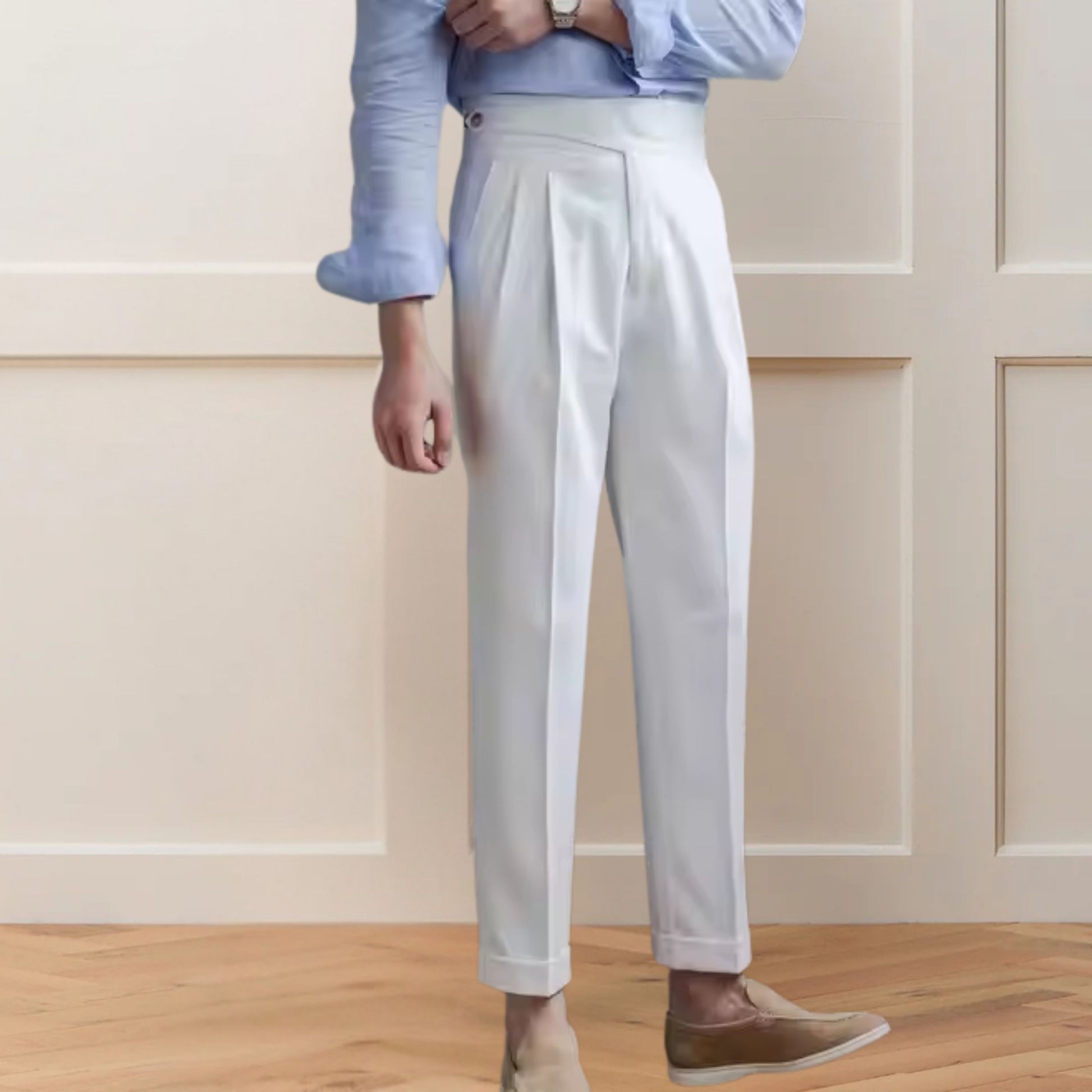 White Classic Buckle Formal Gurkha Pants - Side Adjuster Buckles & Tailored Fit - Adam Spirit