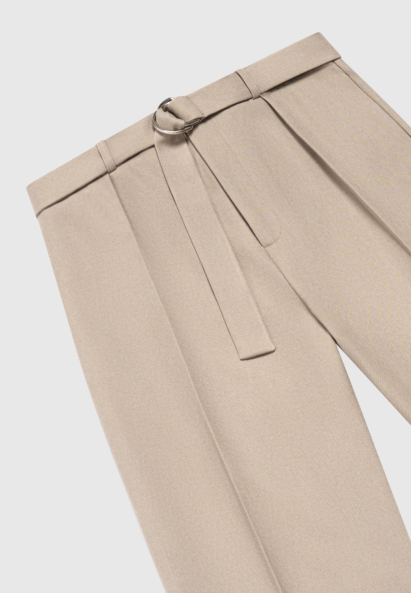 Beige Textured Belted Tailored Trousers Relaxed Fit - Adam Spirit
