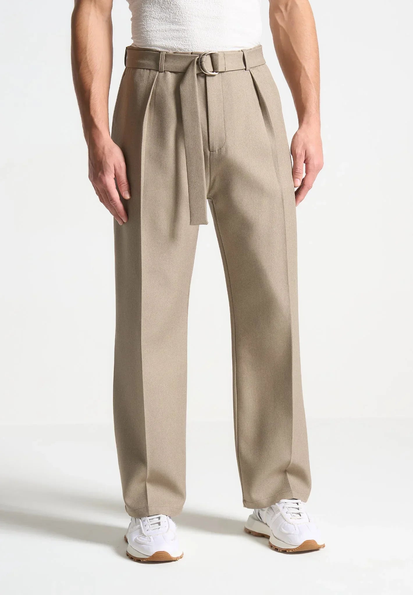Beige Textured Belted Tailored Trousers Relaxed Fit - Adam Spirit