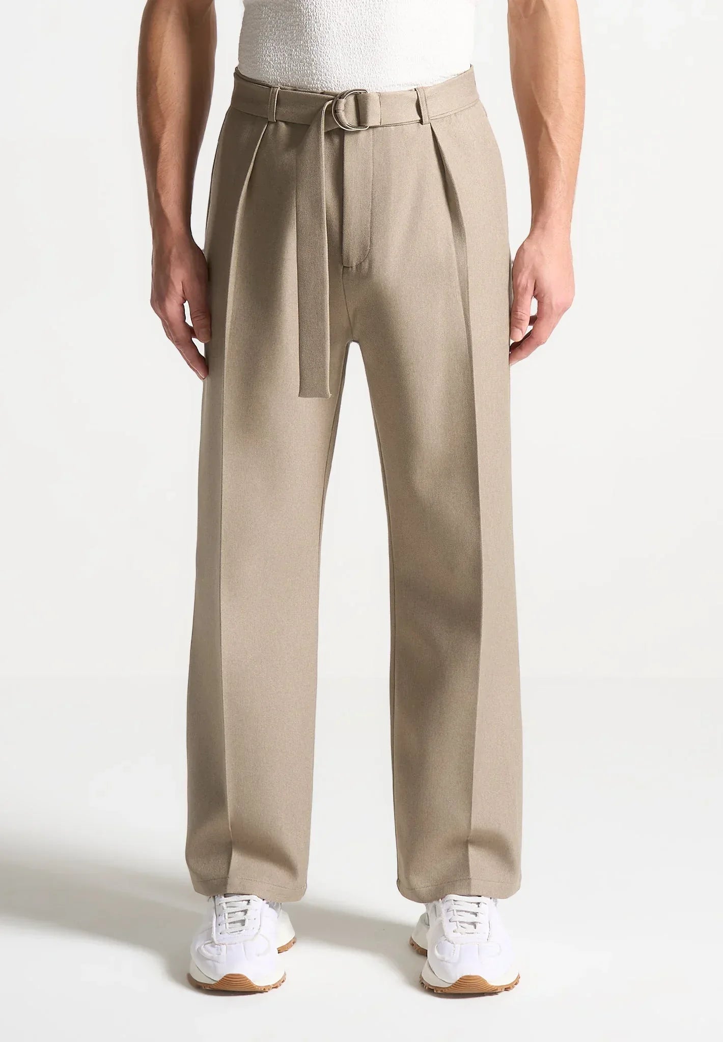Men's Beige Textured Belted Tailored Trousers | Relaxed Fit – Adam