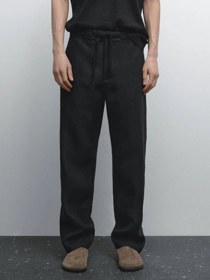 Black Linen Drawstring Pants Relaxed Fit Summer Bottoms for Effortless Comfort - Adam Spirit