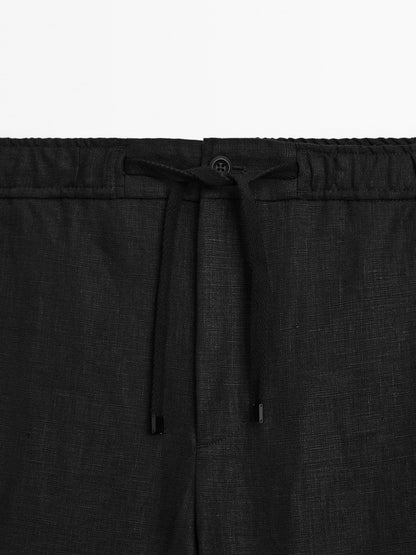 Black Linen Drawstring Pants Relaxed Fit Summer Bottoms for Effortless Comfort - Adam Spirit