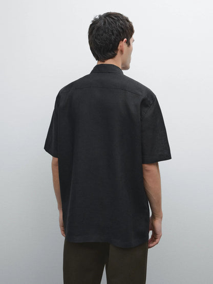 Black Linen Shirt Relaxed Fit Half Sleeves - Adam Spirit