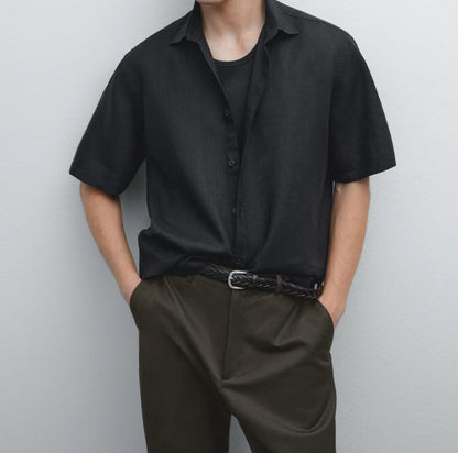 Black Linen Shirt Relaxed Fit Half Sleeves - Adam Spirit