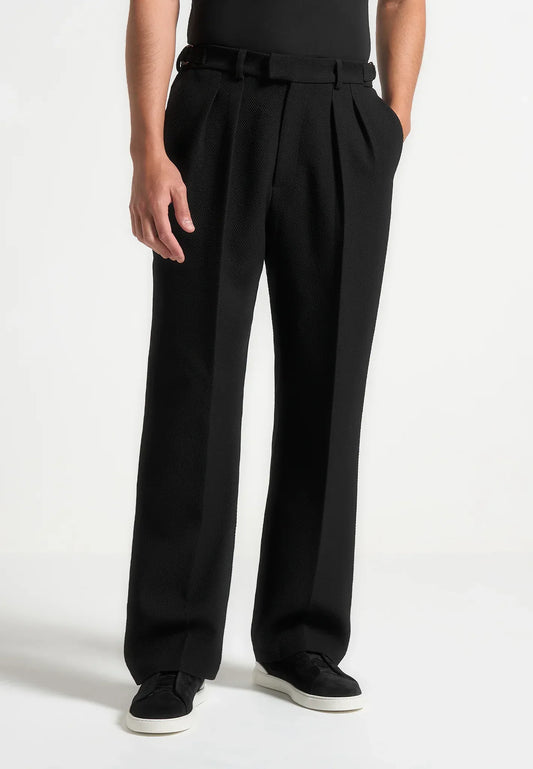 Black Textured Twin Pleat Tailored Trousers  Relaxed Fit - Adam Spirit