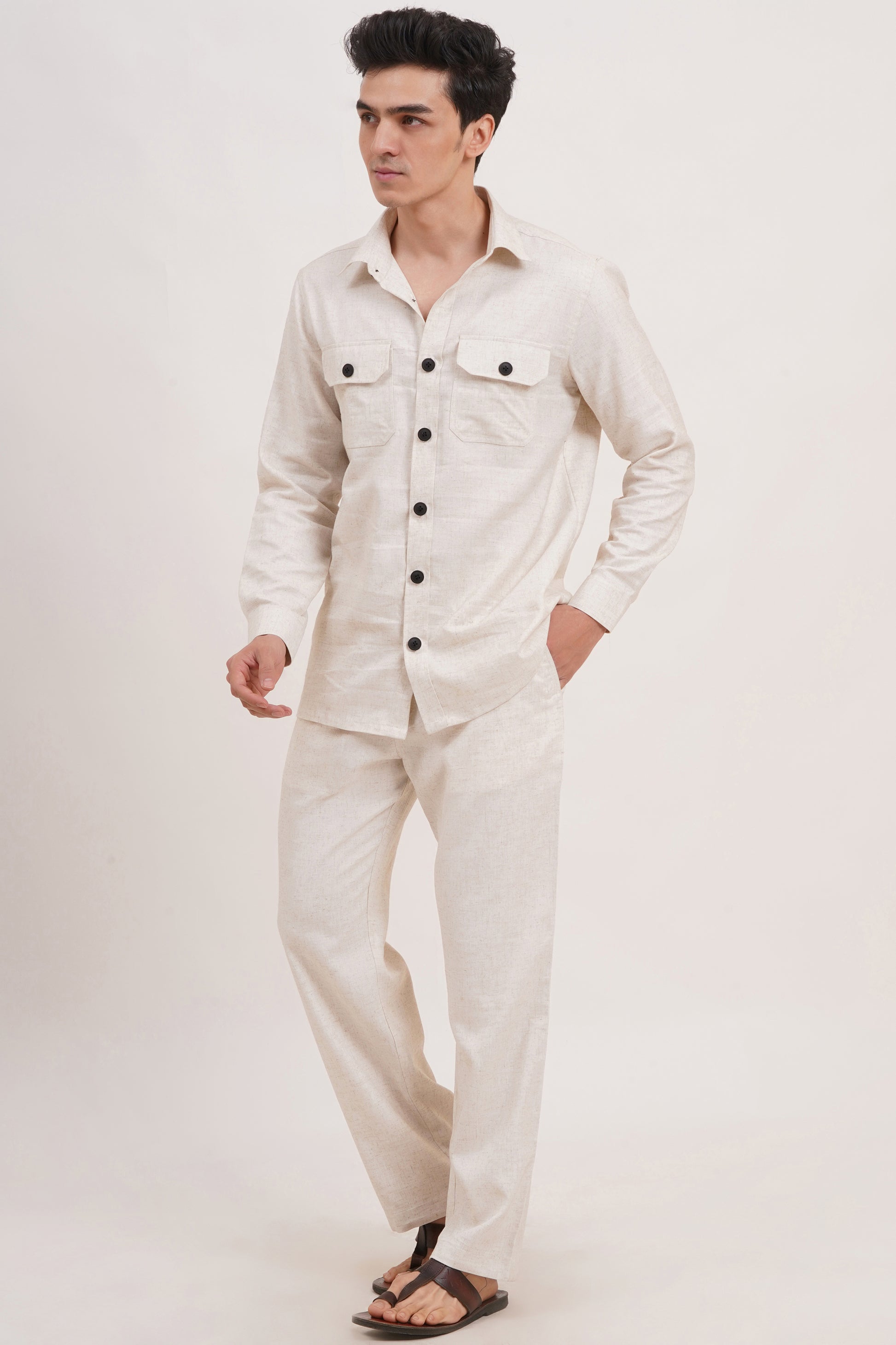 Men’s Warm Ivory Linen Blend Cord Set – Breathable & Stylish Two-Piece Outfit - Adam Spirit