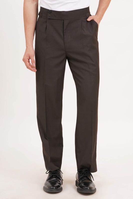 Espresso Brown Pants – Stripe Double Buttons Closure & Tailored Fit
