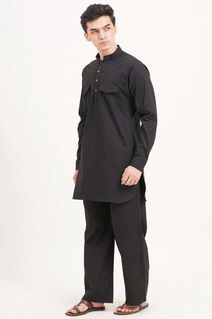 Men’s Black Kurta Set – Timeless Elegance in a Luxe Linen Blend - Adam Spirit