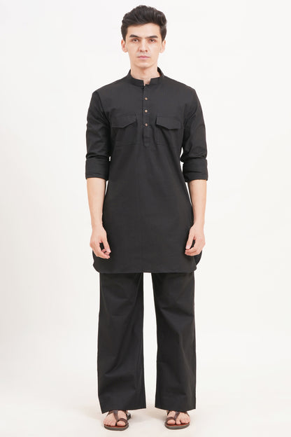 Men’s Black Kurta Set – Timeless Elegance in a Luxe Linen Blend - Adam Spirit