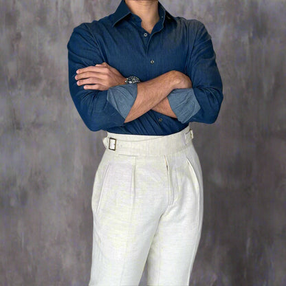Ecru Linen Blend High-Waisted Trousers – Double Pleats & Buckle Adjusters - Adam Spirit