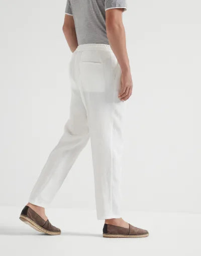 Men's Relaxed Fit Linen- Blend Drawstring Trousers - White