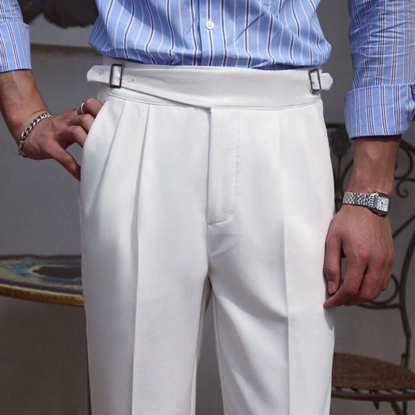 White High-Waisted Classic Double Pleats & Side Buckle Adjusters
