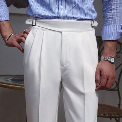 White High-Waisted Classic Double Pleats & Side Buckle Adjusters