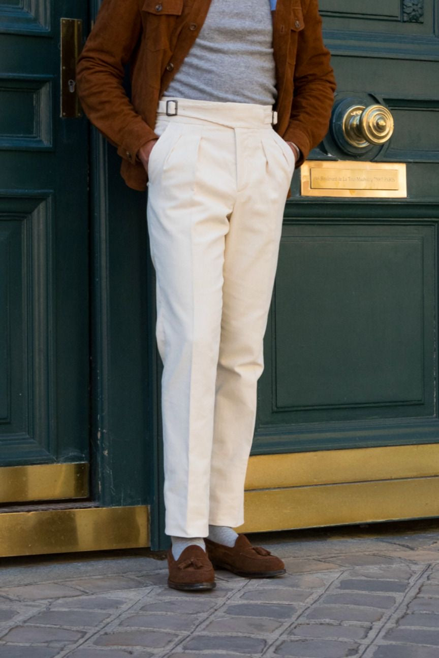White High-Waisted Classic Double Pleats & Side Buckle Adjusters