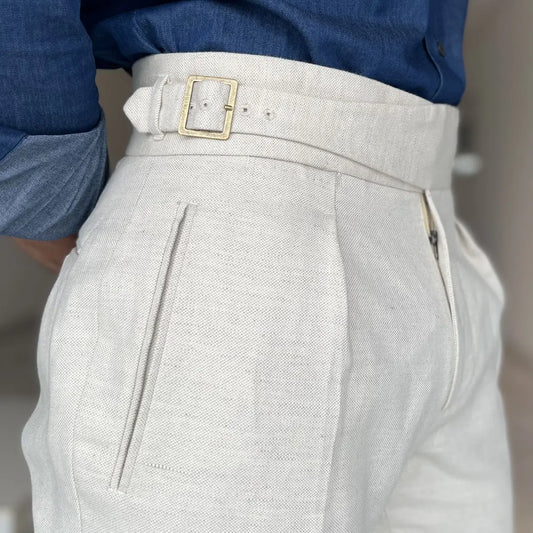 Ecru Linen Blend High-Waisted Trousers – Double Pleats & Buckle Adjusters